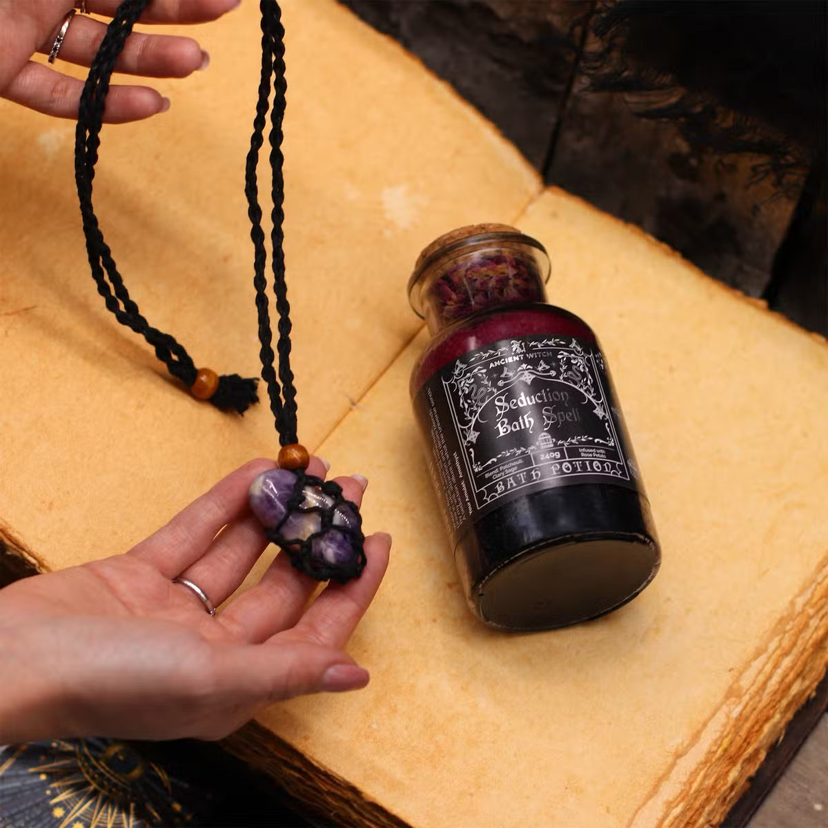 Prosperity Witch Bath Spell Potion & Aventurine Crystal Amulet