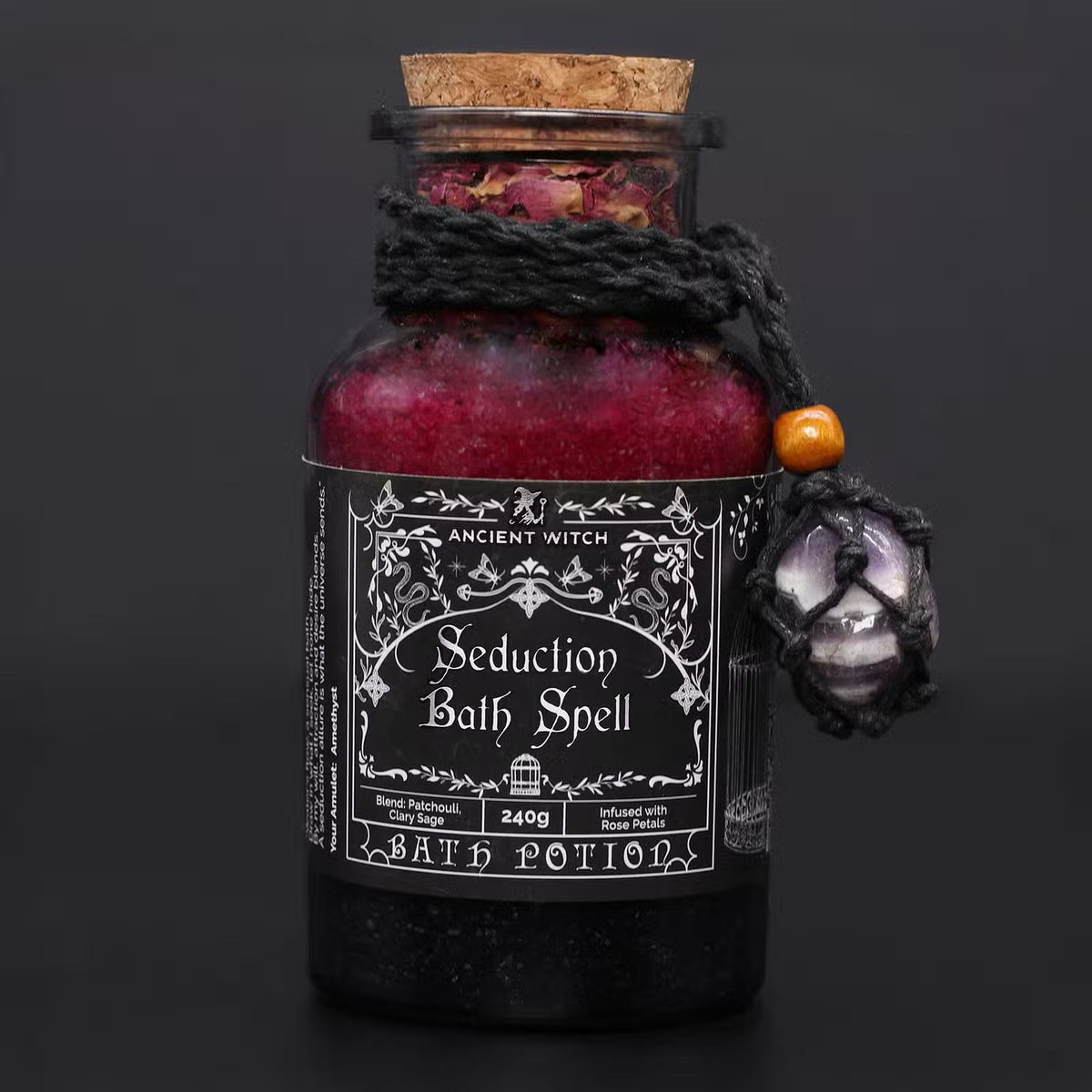 Seduction Witch Bath Spell Potion & Amethyst Crystal Amulet