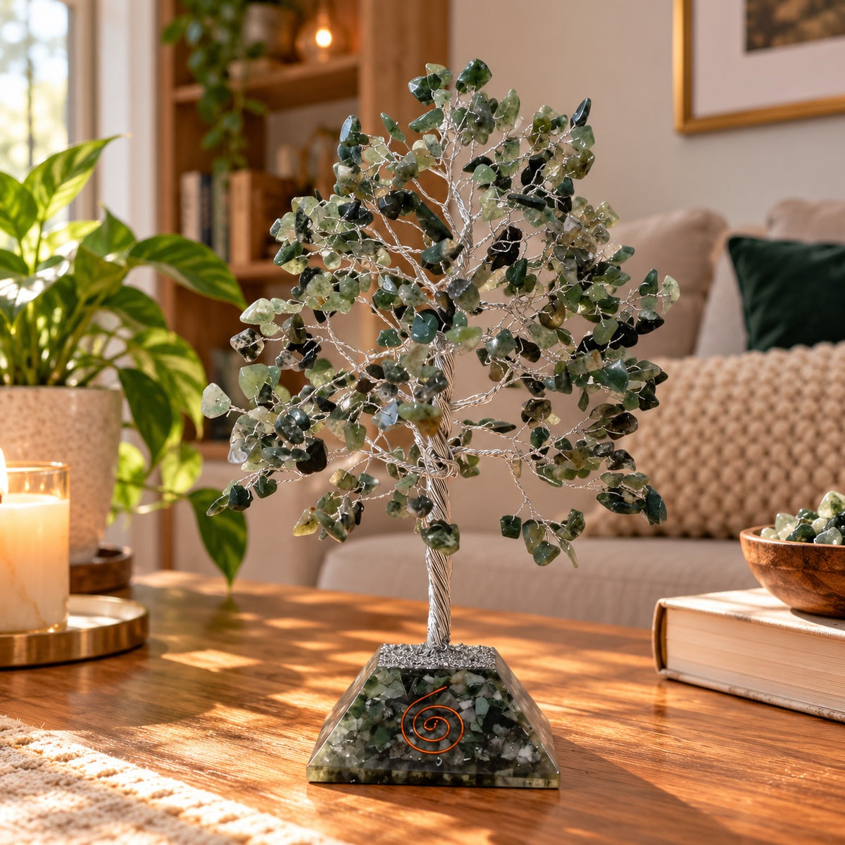Moss Agate Gemstone Tree with Orgonite Base - 320 Stone