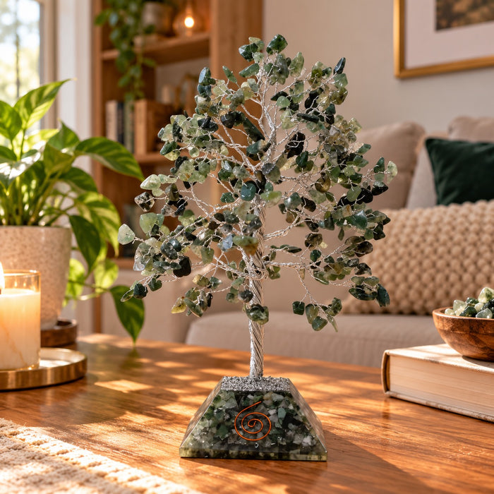 Moss Agate Gemstone Tree with Orgonite Base - 320 Stone
