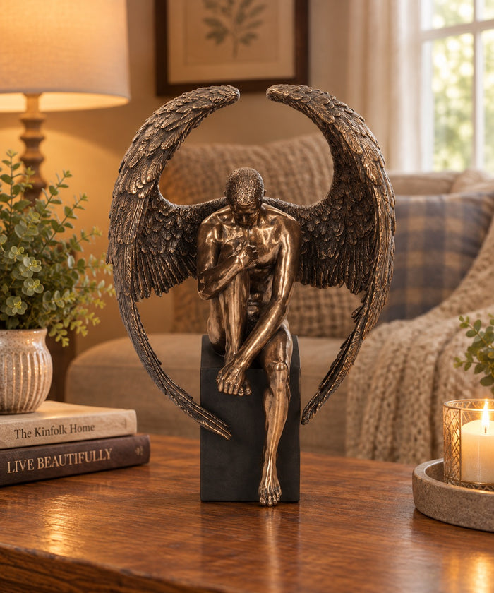 Bronzed Religious Contemplative Angel's Reflection Figurine 26cm